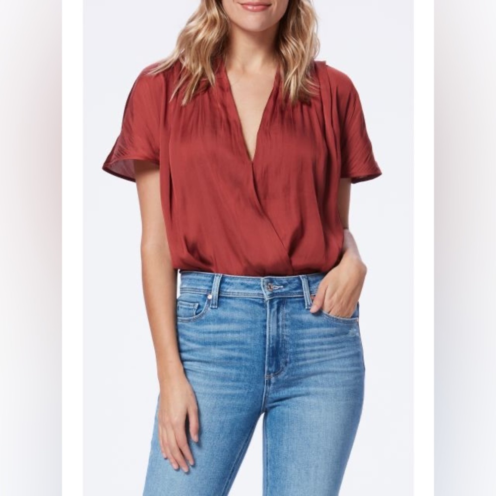 Paige Dijon Thong Silk Short Sleeve Surplice V Neck Blouse Bodysuit
